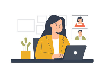 Woman in video conference from the computer.  Video calling concept. Working from home concept. Vector stock