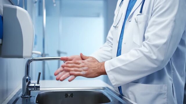 Doctor washing hands under running water in a modern hospital bathroom for hygiene