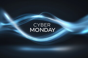 Cyber Monday dynamic blue light trails swirling around text on black background
