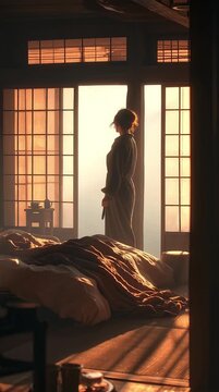 A woman stretching in a traditional Japanese room just after waking, wrapped in a soft blanket on a futon