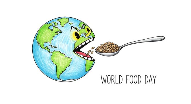 Cartoon Earth character eating grains from a spoon World Food Day globe planet
