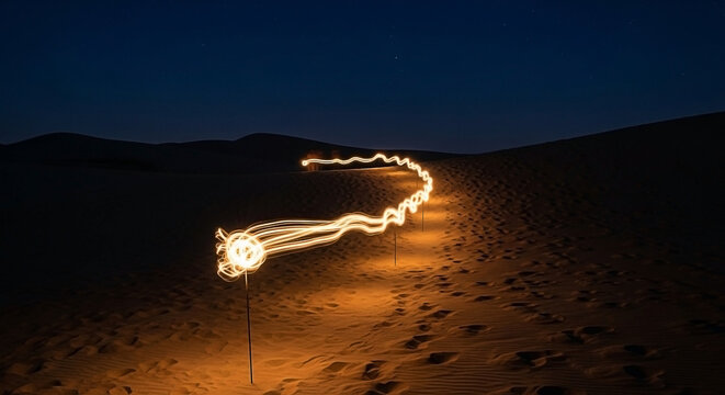 Light trail winds across desert dunes under a dark starry sky. - Powered by Adobe