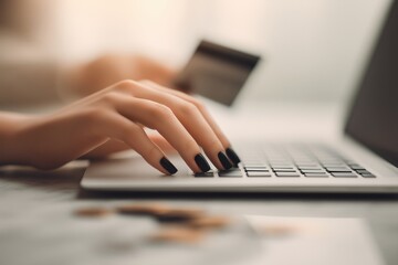 Hand using laptop for online payment, black nail polish, credit card, indoor setting