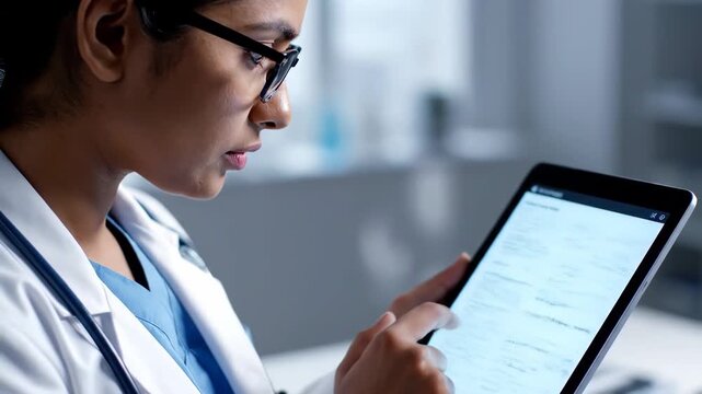 Female doctor in glasses examining patient data on tablet at night in a dark office