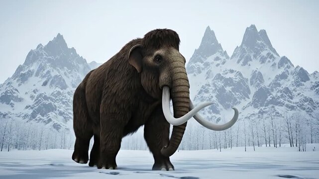 Woolly Mammoth walks through frozen mountains, majestic prehistoric creature alive