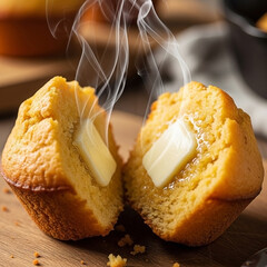 Steaming cornbread muffin, split open with melting butter on wood