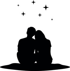 Silhouette of a romantic couple sitting together watching the stars on a clear night sky