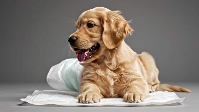 Cute golden retriever puppy wearing a disposable diaper. Adorable pet lying on an absorbent training pad learning potty discipline