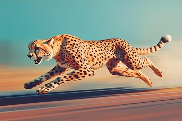 Cheetah running fast on the road with motion blur effect.