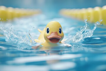 Rubber duck in swimming pool with water splashes, closeup