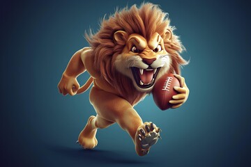 3d illustration of a funny cartoon lion running with a rugby ball.