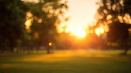 blurred. Tranquil park at sunset with warm golden hues, creating a peaceful natural landscape. inspiring travel planning, travel magazines, designed for travel destination branding.