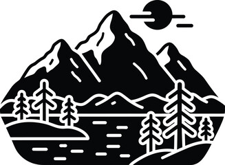 Black and white silhouette of a mountain range with pine trees and a lake under a stylized sun