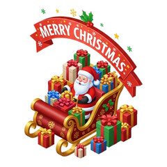 Joyful Santa Claus delivering gifts in festive sleigh with Merry Christmas banner