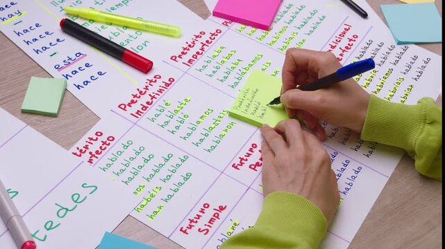 Education and grammar concepts. A Spanish teacher writes down vocabulary for students.