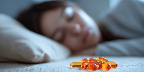 Sleep Tablets on Bed with Sleeping Woman in Background, Nighttime Wellness Concept