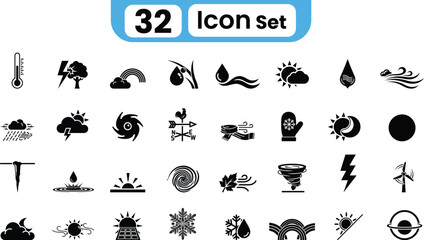 Collection of 32 weather and natural disaster icons for climate change and environmental concepts