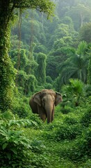 Fototapeta premium Photorealistic Elephant in an Overgrown Jungle Habitat. Elephant Centered in a Wild Lush Green Environment. Misty Jungle Scene with a Textured Elephant.