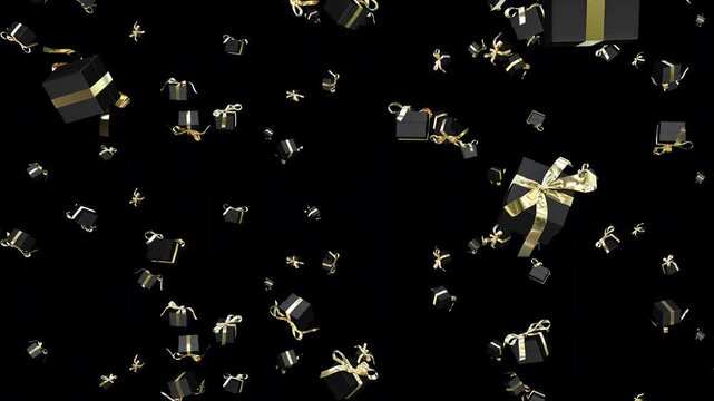 Elegant black and gold Christmas gift boxes falling in seamless loop animation with transparent background, festive holiday present rain effect for seasonal celebration videos

