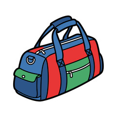 A colorful duffel bag with blue handles, red, green, and blue panels, and a small side pocket.
