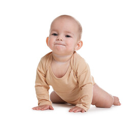 Portrait of cute little baby on white background