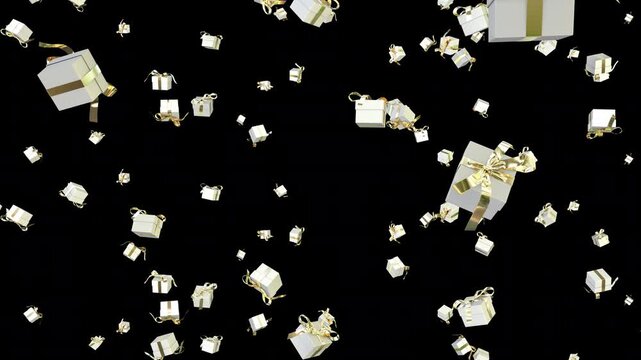 Elegant white and gold Christmas gift boxes falling in seamless loop animation with transparent background, festive holiday present rain effect for seasonal celebration videos

