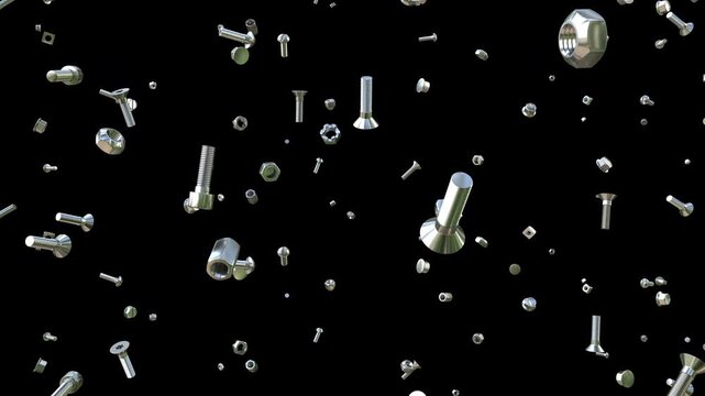 Seamless loop animation of falling metal screws and bolts on transparent background, engineering fasteners rain effect for industrial, mechanic, or construction video overlays
