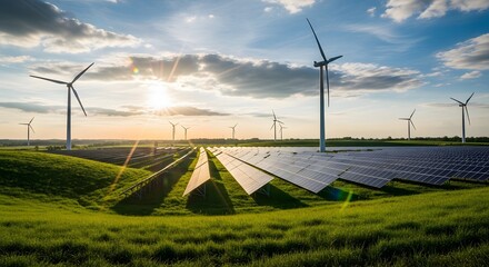  realistic DSLR photo of solar panels and wind turbines under blue sky, sunlight flare through clouds