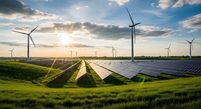 realistic DSLR photo of solar panels and wind turbines under blue sky, sunlight flare through clouds