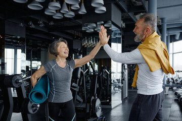 Two elderly people are enjoying their gym day, sharing a high-five