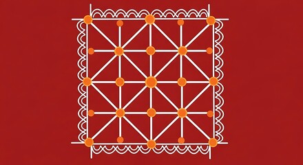 Geometric pattern with orange circles and white lines on red background abstract