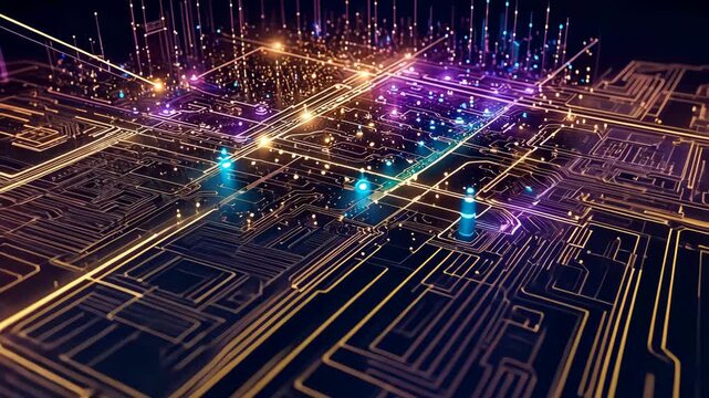 Digital abstract background, micro scheme closeup in neon light, CPU Processor Microchip, Advanced Technology Concept.