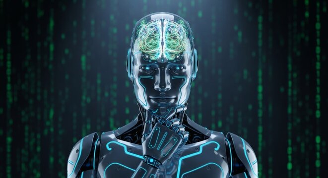 A futuristic humanoid robot contemplates with a glowing brain, set against a backdrop of digital code and innovation