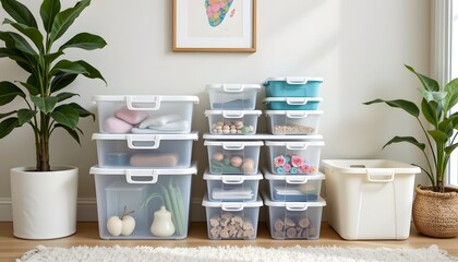 soft and clean home organization aesthetic with plastic boxes