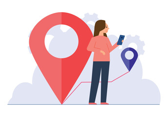 Young female character using her phone to navigate with a map app and location pin, showcasing modern travel and technology. Mobile GPS tracking concept