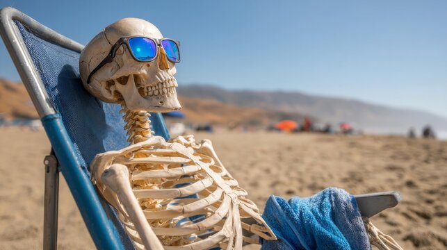 A skeleton lounges comfortably in a beach chair, wearing sunglasses and enjoying the warm sun. The sandy shore is alive with beachgoers, umbrellas, and distant waves, creating a carefree vibe