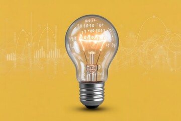 Illuminating innovation a light bulb with binary code on a yellow background, symbolizing new ideas, technological advancement, and the power of digital information in the modern era