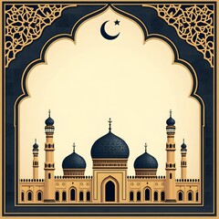 An Islamic background with geometric patterns in a mixture of golden and dark blue hues, set against a warm beige or cream-colored backdrop
