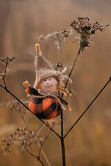 autumn landscape with cute scarecrow figurine. festive scarecrow smiling doll on dry plant outdoor. symbol of harvest, decor for fall season, Halloween