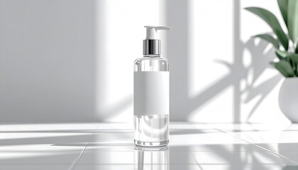 Clear cosmetic pump bottle with blank label for mockup in a bright sunlit room with shadows.