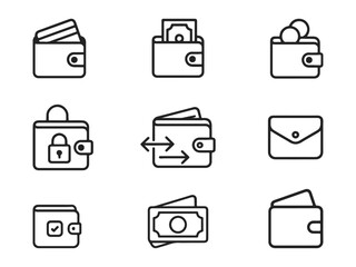 Line-style icon collection of smart wallets and payment symbols — wallet with coins, wallet with banknotes, credit card inside wallet