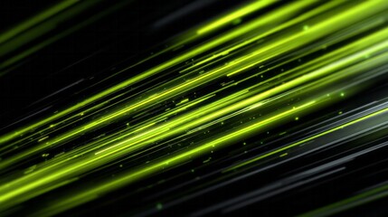 Diagonal streaks of brilliant neon green light rush across a dark background