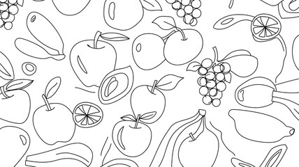 A minimalist vector line art of various fruits arranged in a pattern.
