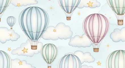 Fotobehang Luchtballon A whimsical pattern featuring hot air balloons clouds and stars against a light blue background  © CandyLove