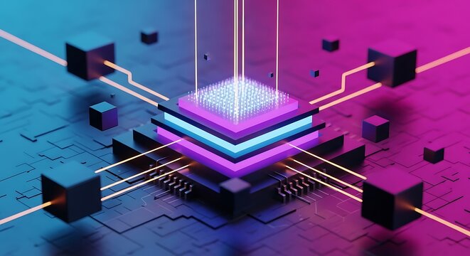 Futuristic technology background with glowing neon lights, showcasing the power of artificial intelligence and data processing in a digital world