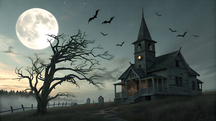 Fototapeta premium Eerie full moon casts a spooky glow over an old haunted house, bats flying through the night sky perfect for Halloween designs