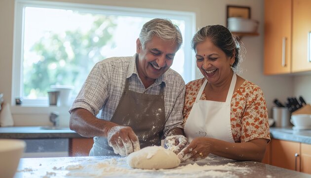 Happy elderly couple baking together in a bright kitchen. - Powered by Adobe