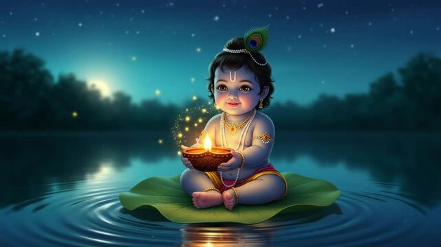 Baby krishna sitting on a lotus leaf holding a diya at night
