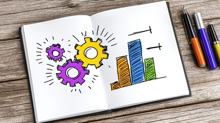 Colorful Hand Drawn Gears and Bar Graph in Open Notebook