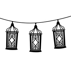 Hanging Lanterns with Crescent Moon Line Art Vector, Minimal Islamic Fanous Illustration, Elegant Ramadan Stars Outline, Thin Line Eid Decoration Vector
